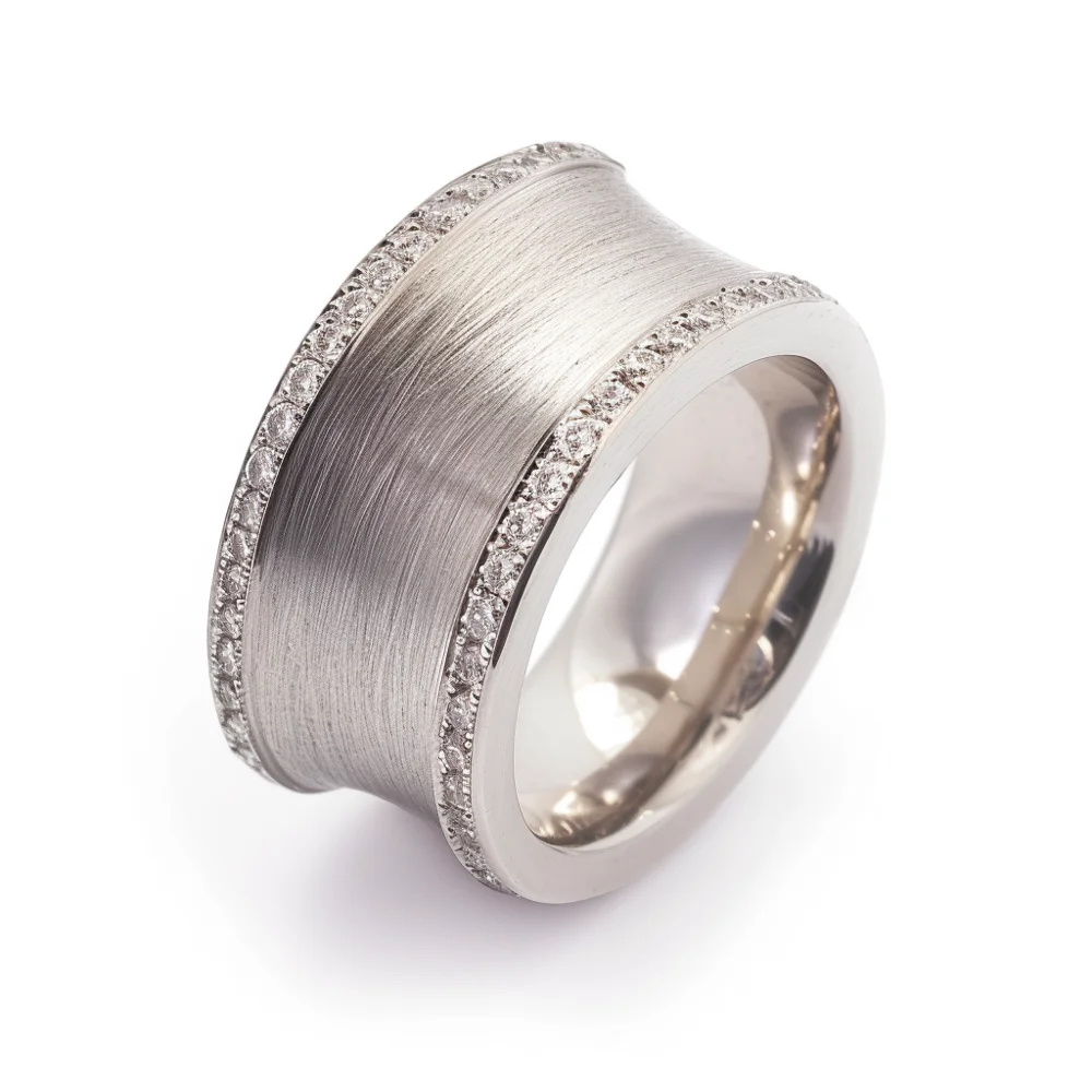 Mens Brushed White Gold Ring with Pave Diamond Edges