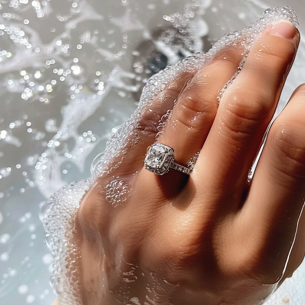 Showering with a diamond ring can be detrimental due to regular exposure to water soap and other shower products.
