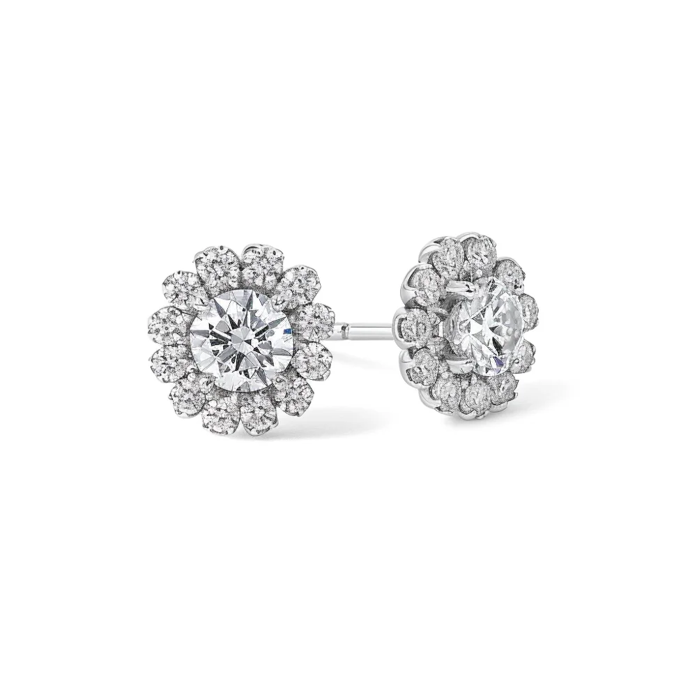 Floral Halo Diamond Studs in White Gold